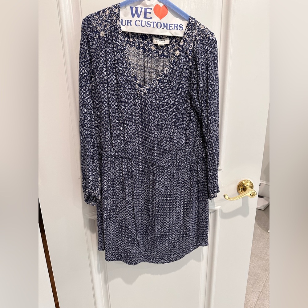 Velvet Blue Patterned Drawstring Dress